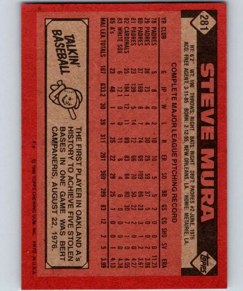 1986 Topps #281 Steve Mura EX Excellent Oakland Athletics Baseball Card - Baseball Card Single