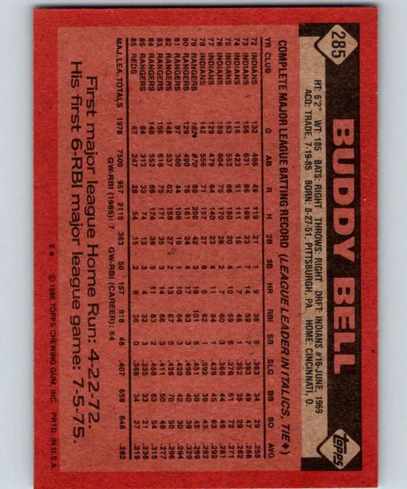 1986 Topps #285 Buddy Bell EX Excellent Cincinnati Reds Baseball Card - Baseball Card Single