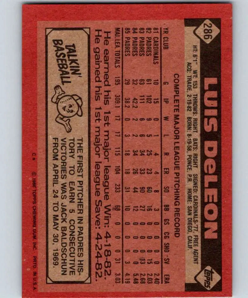1986 Topps #286 Luis DeLeon EX Excellent San Diego Padres Baseball Card - Baseball Card Single