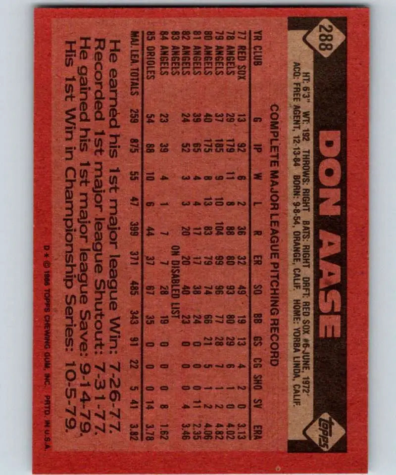 1986 Topps #288 Don Aase EX Excellent Baltimore Orioles Baseball Card - Baseball Card Single