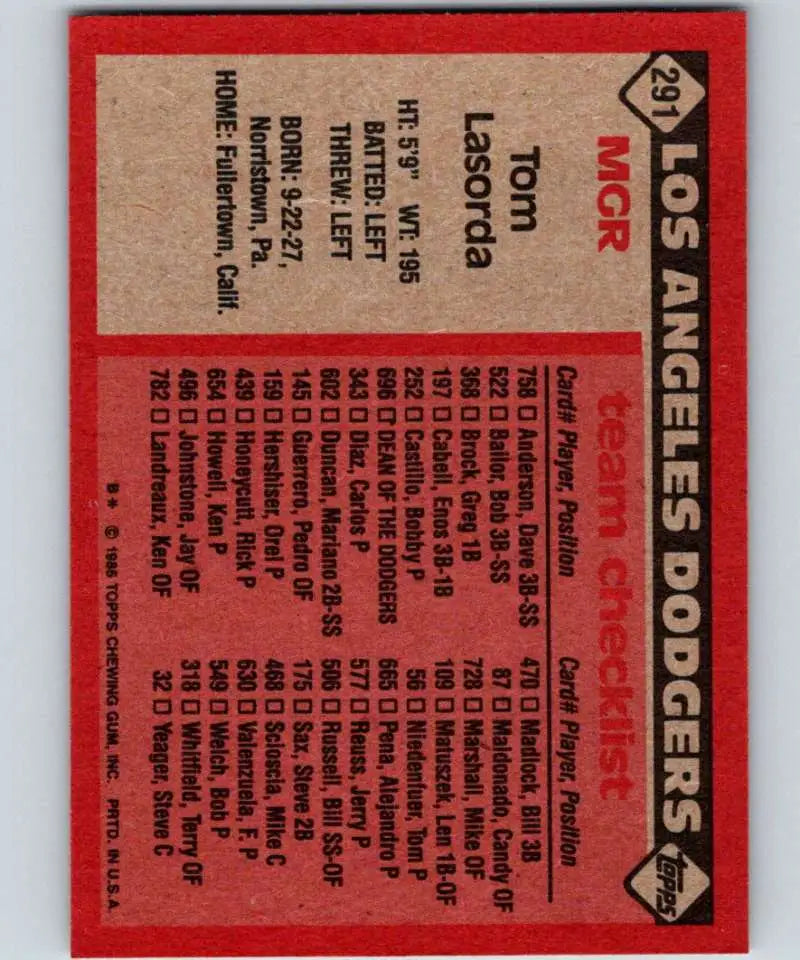 1986 Topps #291 Tommy Lasorda EX Excellent Los Angeles Dodgers Baseball Card - Baseball Card Single