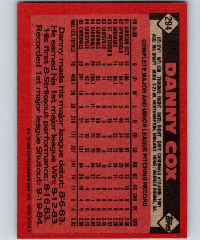 1986 Topps #294 Danny Cox EX Excellent St. Louis Cardinals Baseball Card - Baseball Card Single