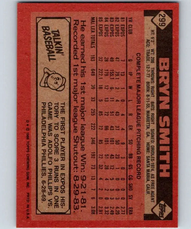 1986 Topps #299 Bryn Smith EX Excellent Montreal Expos Baseball Card - Baseball Card Single