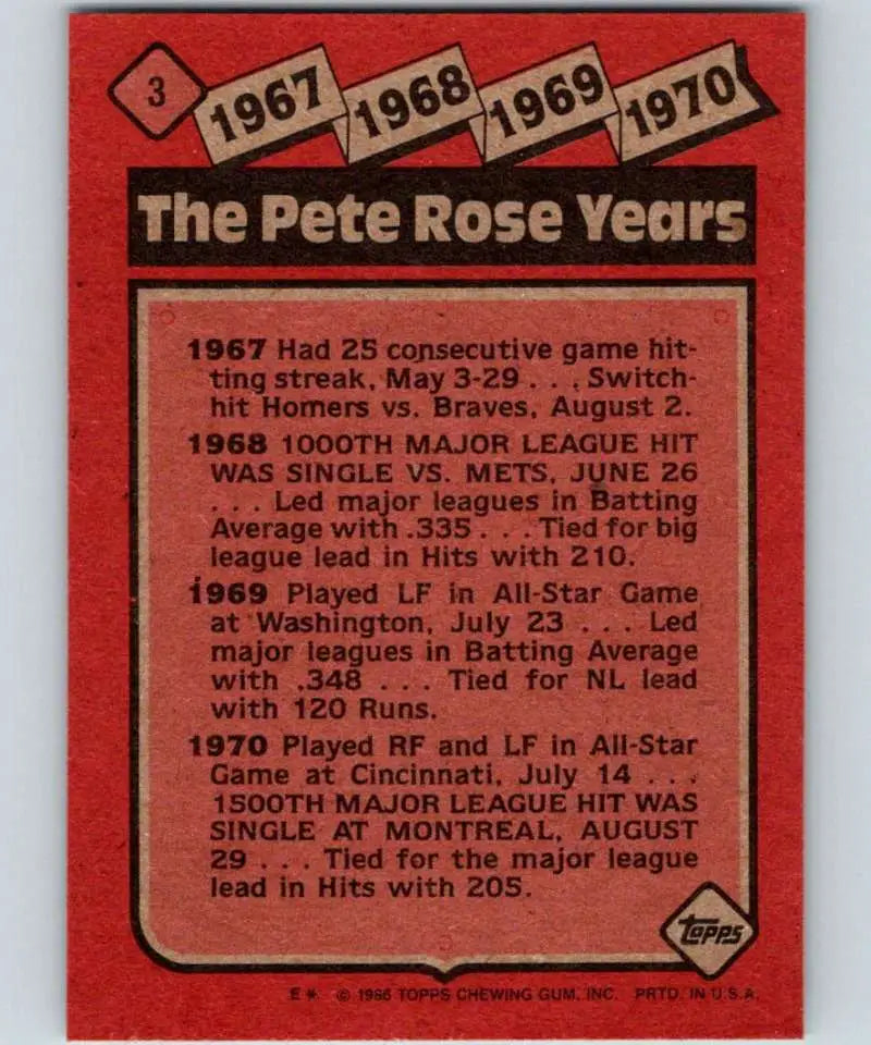 1986 Topps #3 Pete Rose EX Excellent Cincinnati Reds Baseball Card - Baseball Card Single