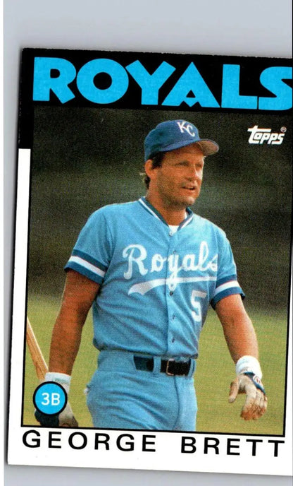 Vintage 1986 Topps George Brett baseball card in light blue Kansas City Royals uniform