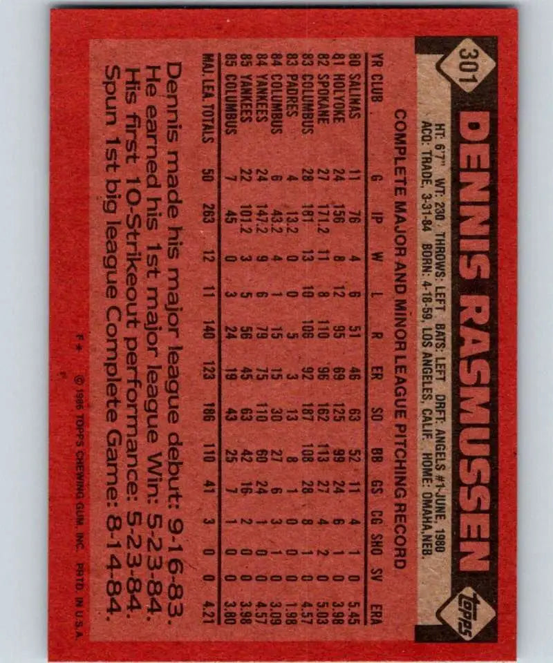 1986 Topps #301 Dennis Rasmussen EX Excellent New York Yankees Baseball Card - Baseball Card Single