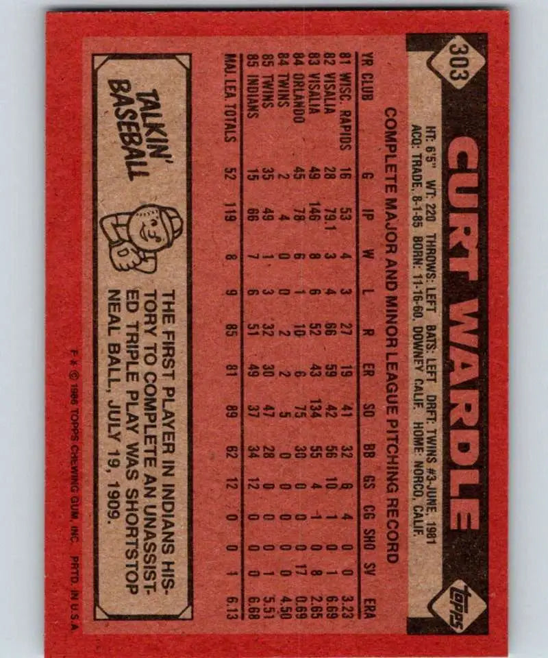 1986 Topps #303 Curt Wardle EX Excellent Cleveland Indians Baseball Card - Baseball Card Single