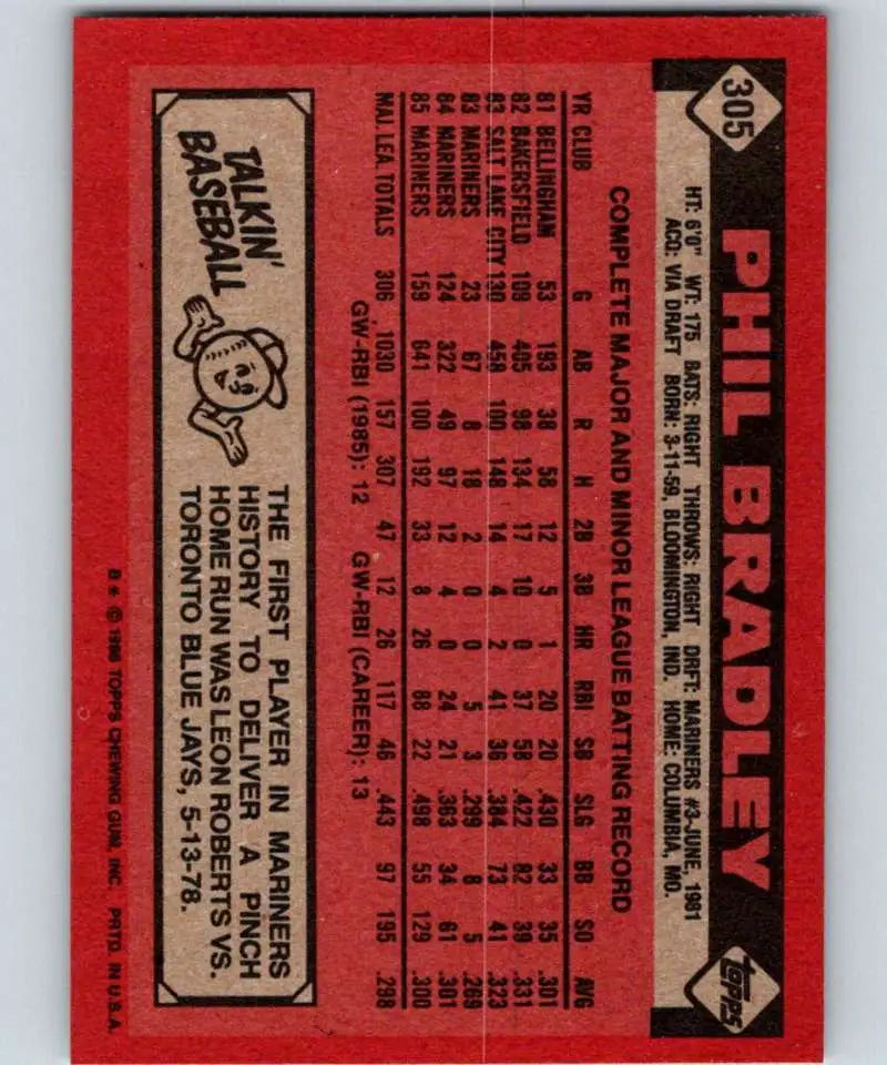 1986 Topps #305 Phil Bradley EX Excellent Seattle Mariners Baseball Card - Baseball Card Single