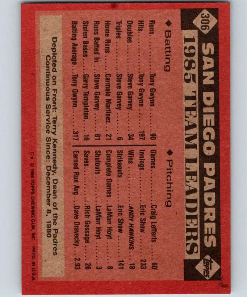 1986 Topps #306 Terry Kennedy EX Excellent San Diego Padres Baseball Card - Baseball Card Single