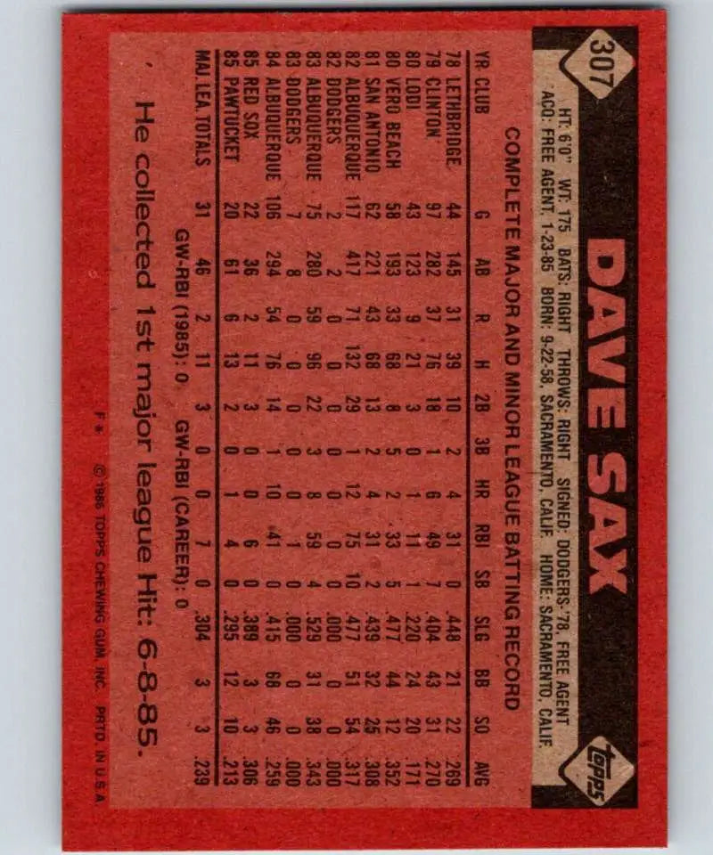 1986 Topps #307 Dave Sax EX Excellent Boston Red Sox Baseball Card - Baseball Card Single
