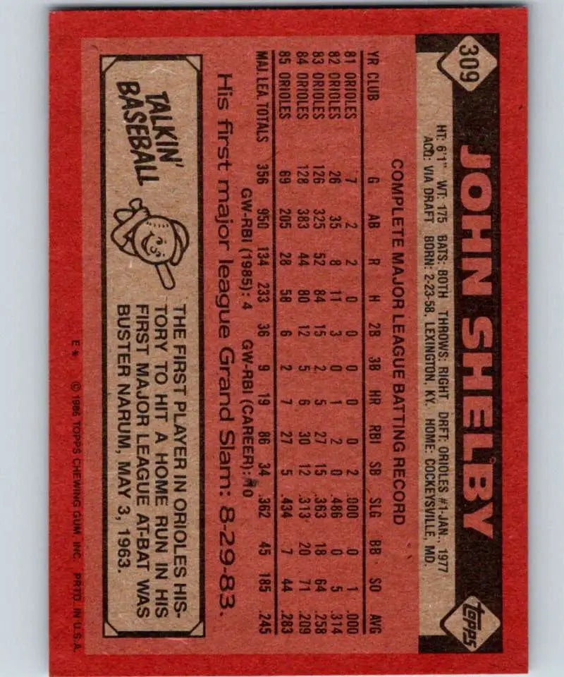 1986 Topps #309 John Shelby EX Excellent Baltimore Orioles Baseball Card - Baseball Card Single