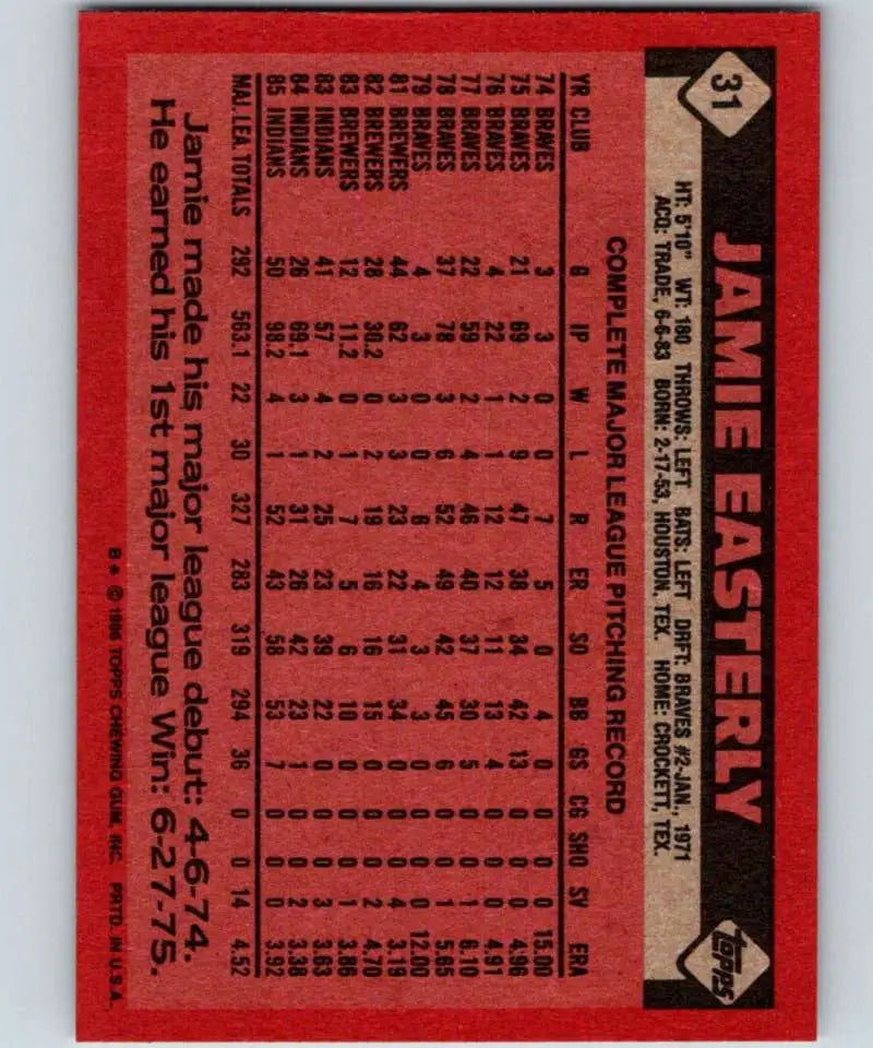 1986 Topps #31 Jamie Easterly EX Excellent Cleveland Indians Baseball Card - Baseball Card Single