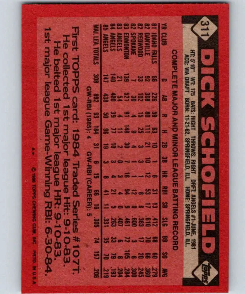 1986 Topps #311 Dick Schofield EX Excellent California Angels Baseball Card - Baseball Card Single