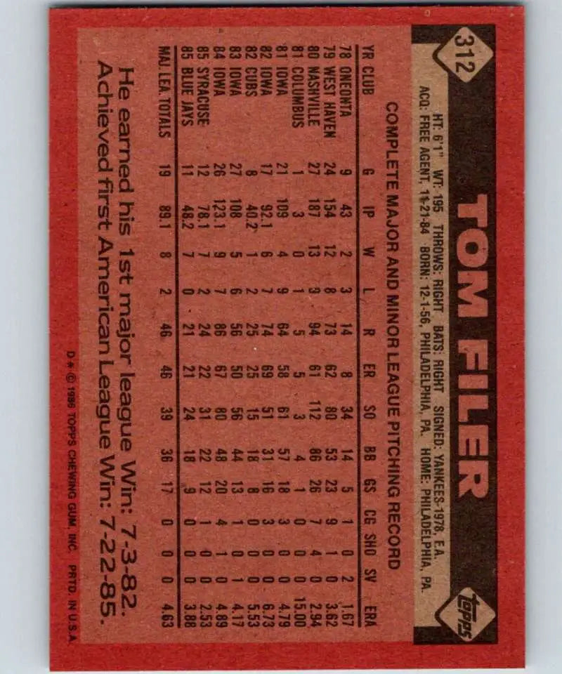 1986 Topps #312 Tom Filer EX Excellent Toronto Blue Jays Baseball Card - Baseball Card Single