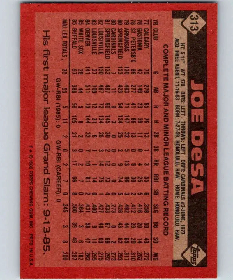 1986 Topps #313 Joe DeSa EX Excellent RC Rookie Chicago White Sox Baseball Card - Baseball Card Single