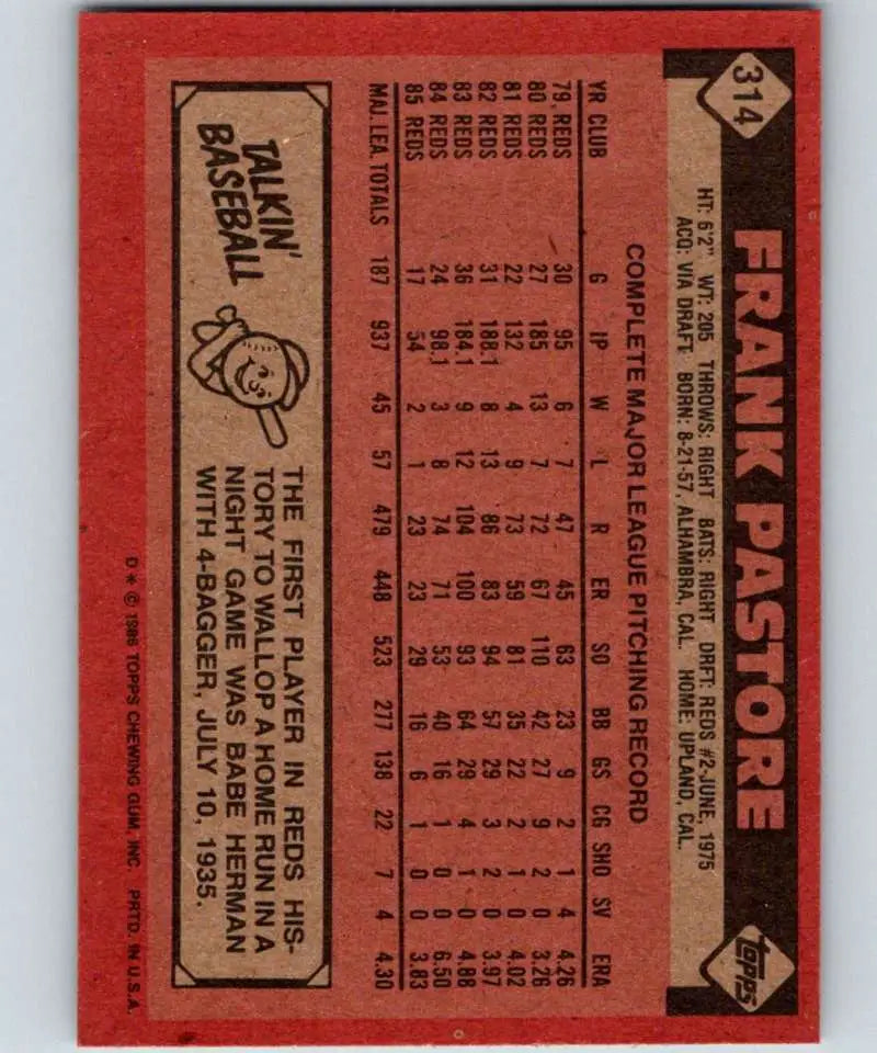 1986 Topps #314 Frank Pastore EX Excellent Cincinnati Reds Baseball Card - Baseball Card Single