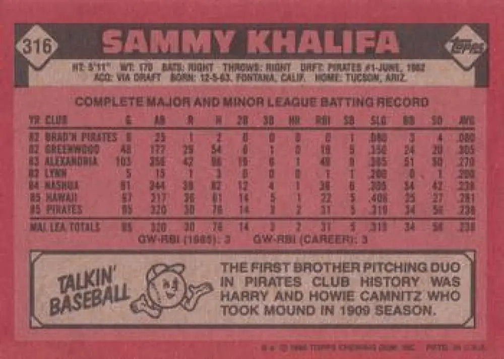 1986 Topps #316 Sammy Khalifa EX Excellent RC Rookie Pittsburgh Pirates Baseball Card - Baseball Card Single
