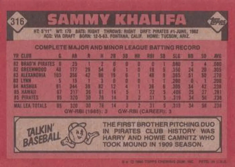 1986 Topps #316 Sammy Khalifa EX Excellent RC Rookie Pittsburgh Pirates Baseball Card - Baseball Card Single