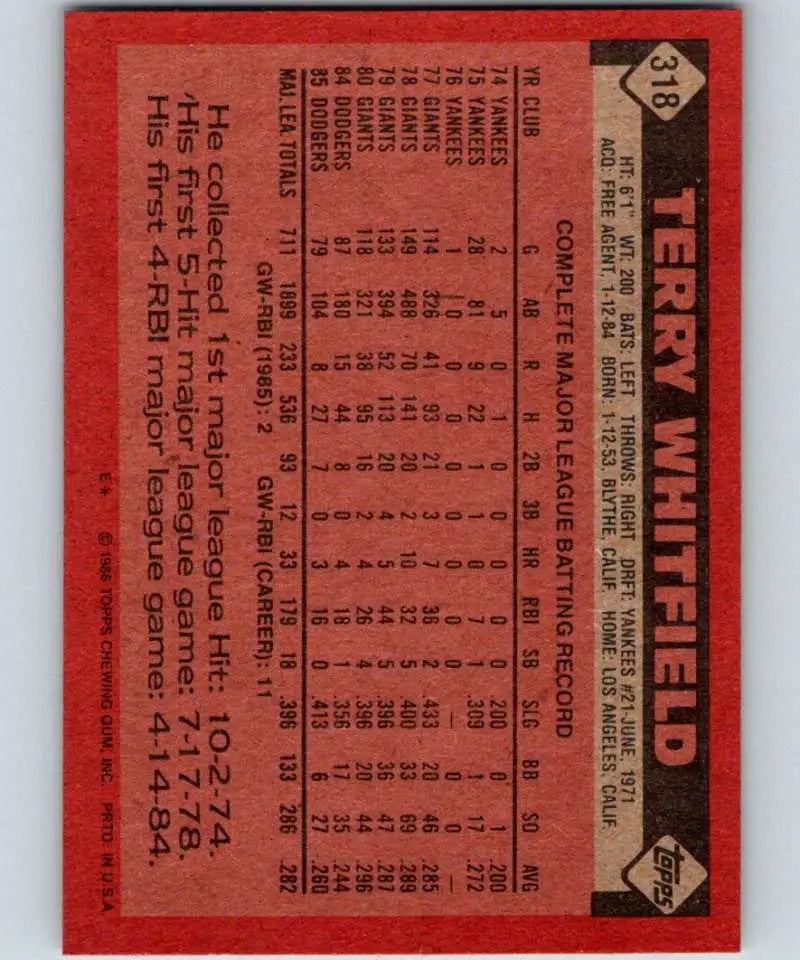 1986 Topps #318 Terry Whitfield EX Excellent Los Angeles Dodgers Baseball Card - Baseball Card Single