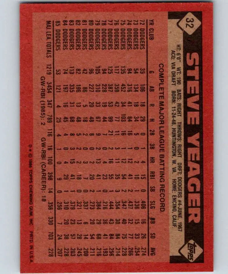 1986 Topps #32 Steve Yeager EX Excellent Los Angeles Dodgers Baseball Card - Baseball Card Single