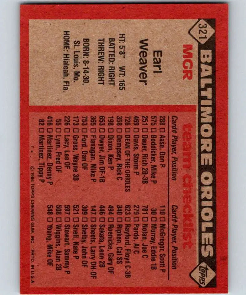 1986 Topps #321 Earl Weaver EX Excellent Baltimore Orioles Baseball Card - Baseball Card Single