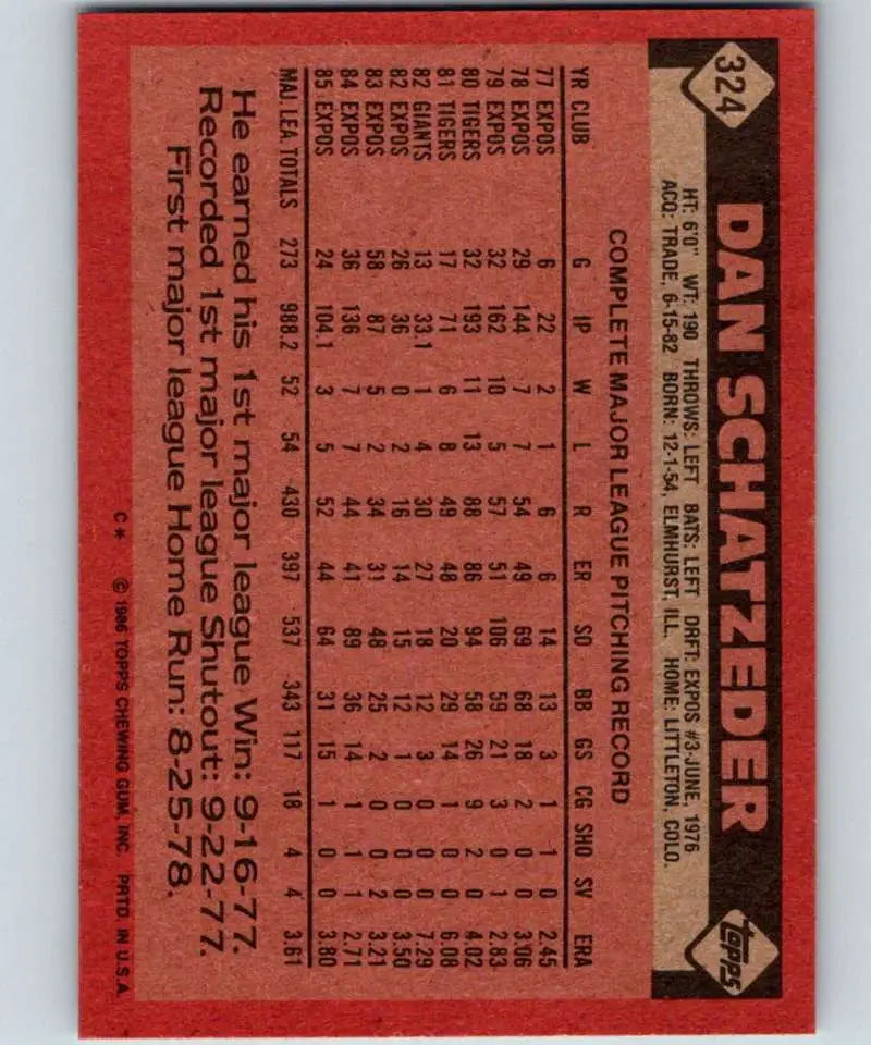 1986 Topps #324 Dan Schatzeder EX Excellent Montreal Expos Baseball Card - Baseball Card Single