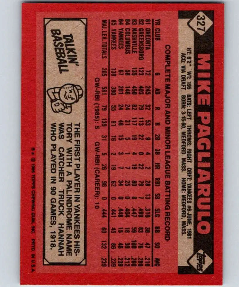 1986 Topps #327 Mike Pagliarulo EX Excellent New York Yankees Baseball Card - Baseball Card Single