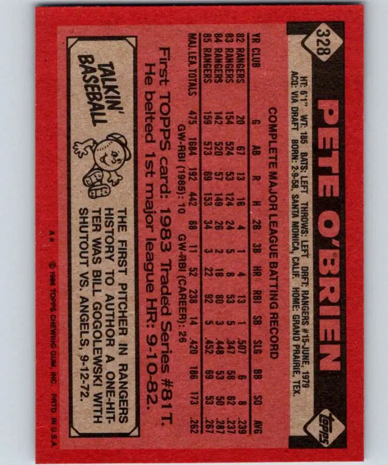 1986 Topps #328 Pete O’Brien EX Excellent Texas Rangers Baseball Card - Baseball Card Single