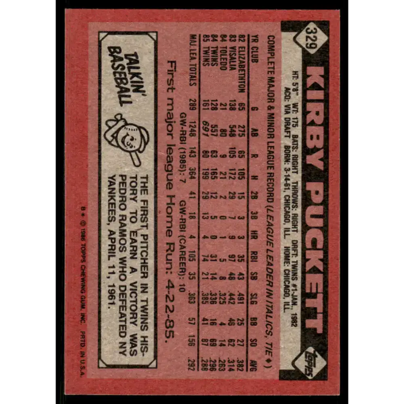 1986 Topps #329 Kirby Puckett EX/NM Minnesota Twins Baseball Card - Baseball Card Single