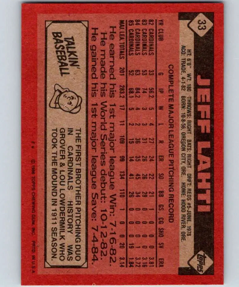 1986 Topps #33 Jeff Lahti EX Excellent St. Louis Cardinals Baseball Card - Baseball Card Single
