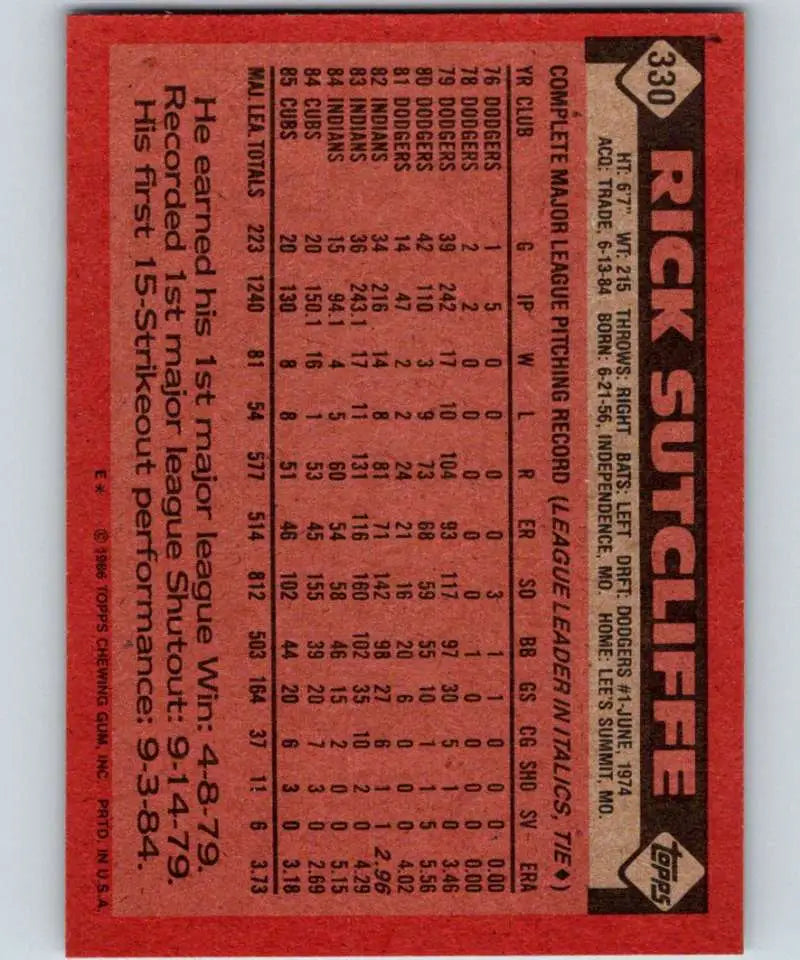 1986 Topps #330 Rick Sutcliffe EX Excellent Chicago Cubs Baseball Card - Baseball Card Single