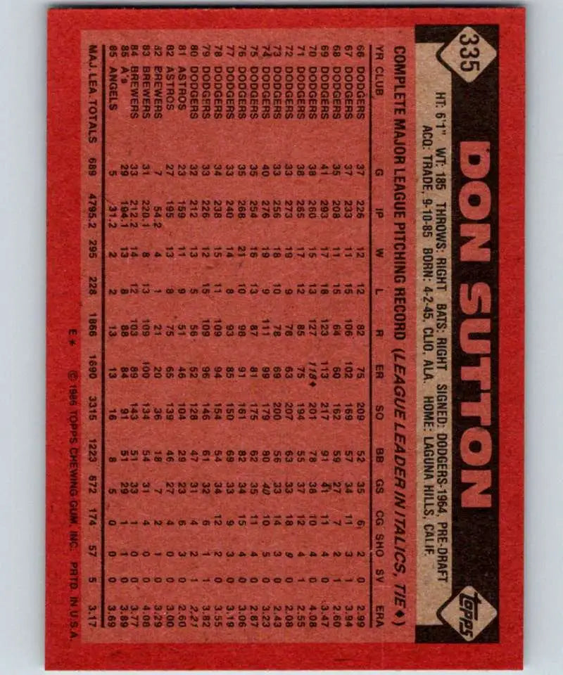 1986 Topps #335 Don Sutton EX Excellent California Angels Baseball Card - Baseball Card Single