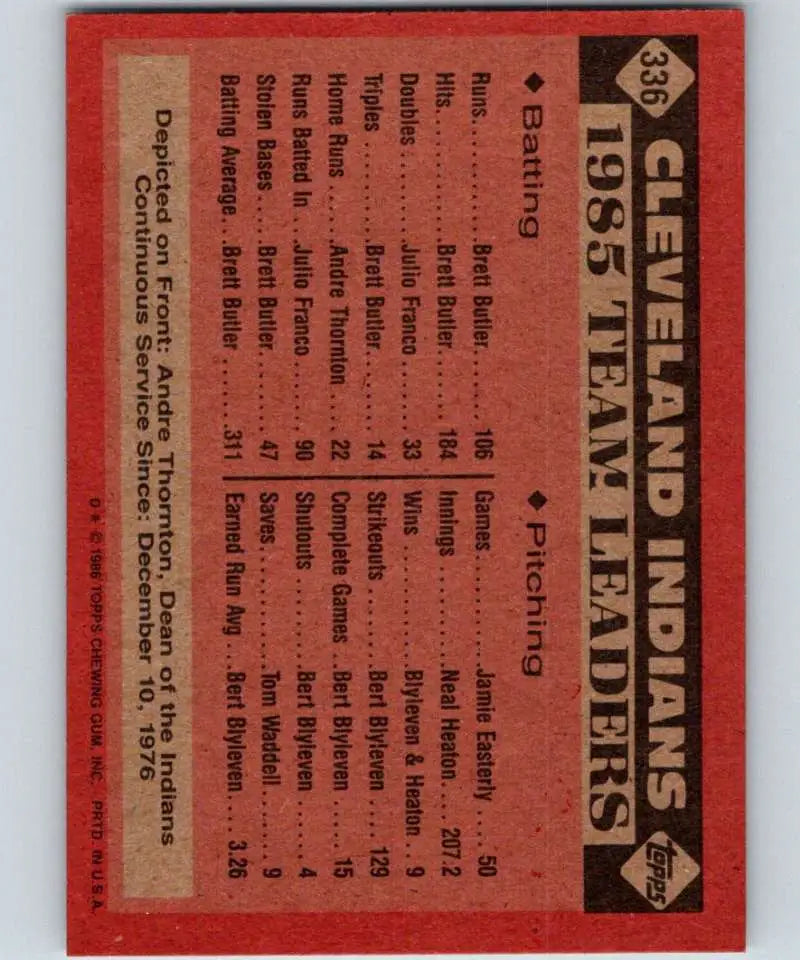 1986 Topps #336 Andre Thornton EX Excellent Cleveland Indians Baseball Card - Baseball Card Single