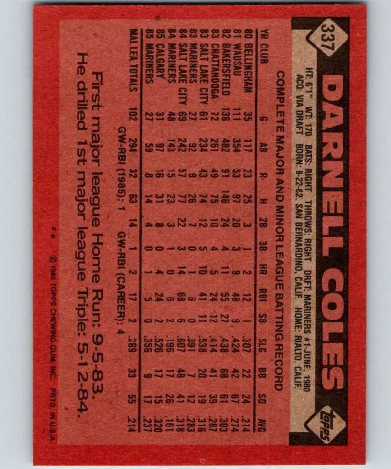 1986 Topps #337 Darnell Coles EX Excellent Seattle Mariners Baseball Card - Baseball Card Single