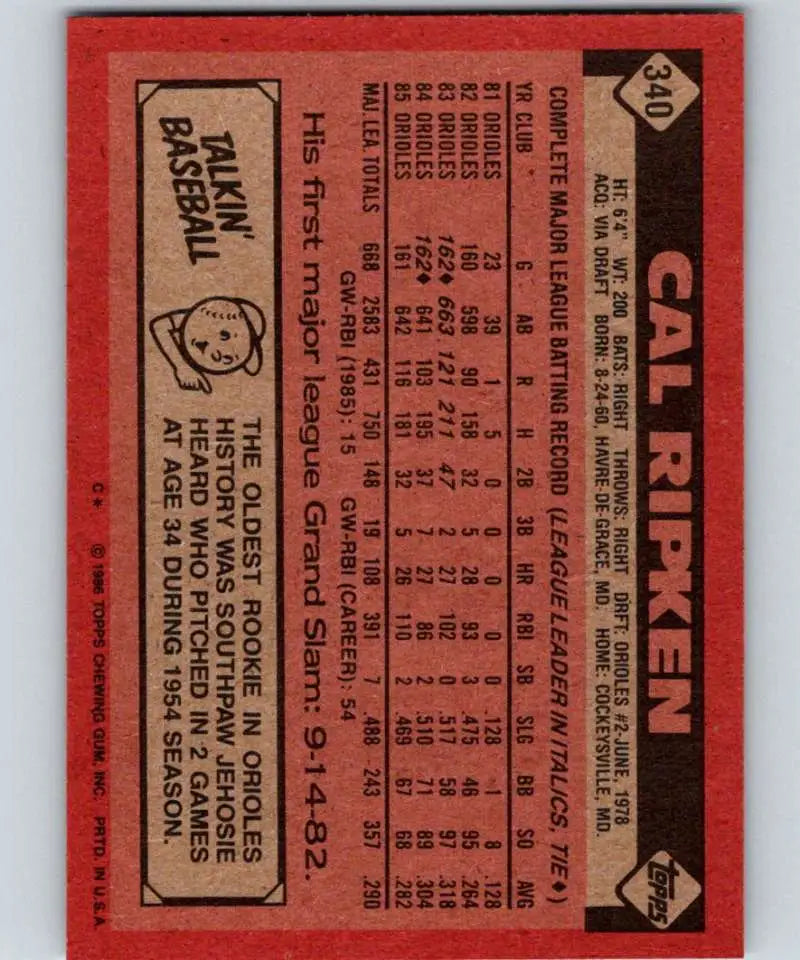 1986 Topps #340 Cal Ripken Jr. EX Excellent Baltimore Orioles Baseball Card - Baseball Card Single