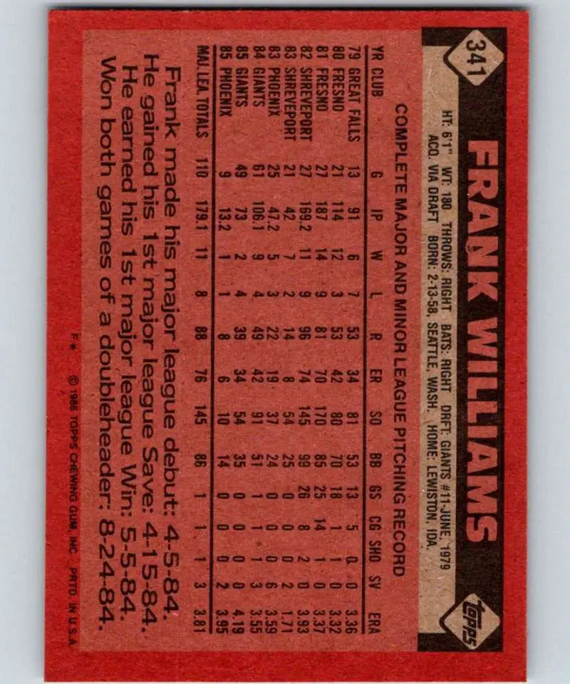 1986 Topps #341 Frank Williams EX Excellent San Francisco Giants Baseball Card - Baseball Card Single