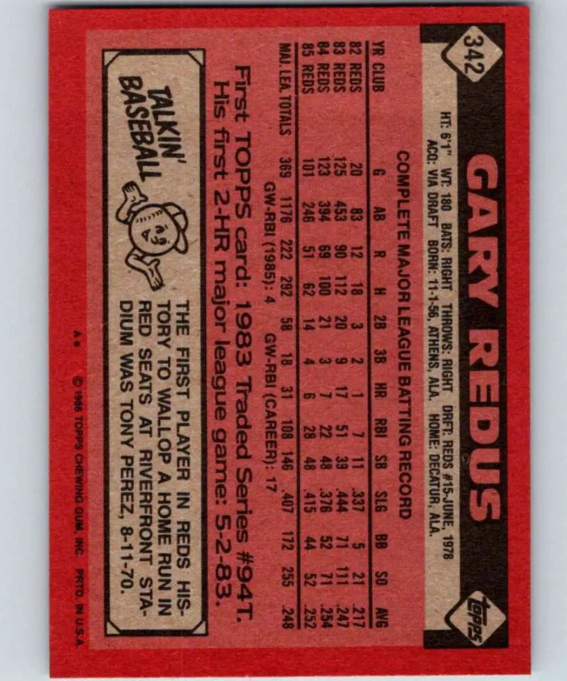 1986 Topps #342 Gary Redus EX Excellent Cincinnati Reds Baseball Card - Baseball Card Single