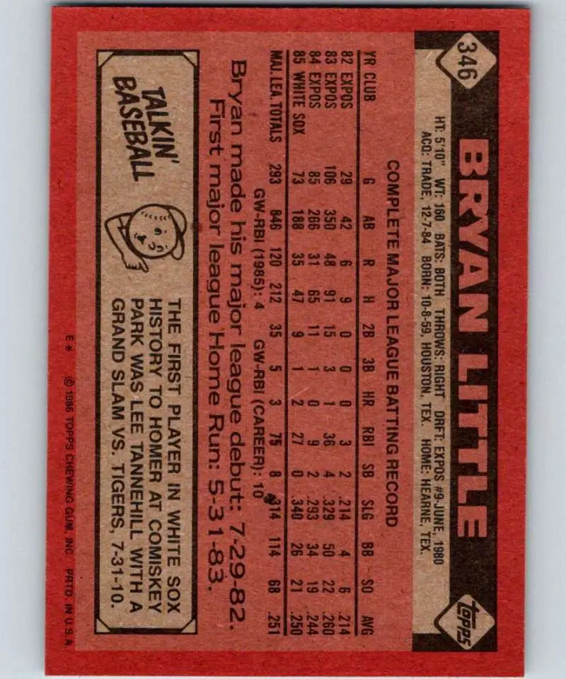 1986 Topps #346 Bryan Little EX Excellent Chicago White Sox Baseball Card - Baseball Card Single