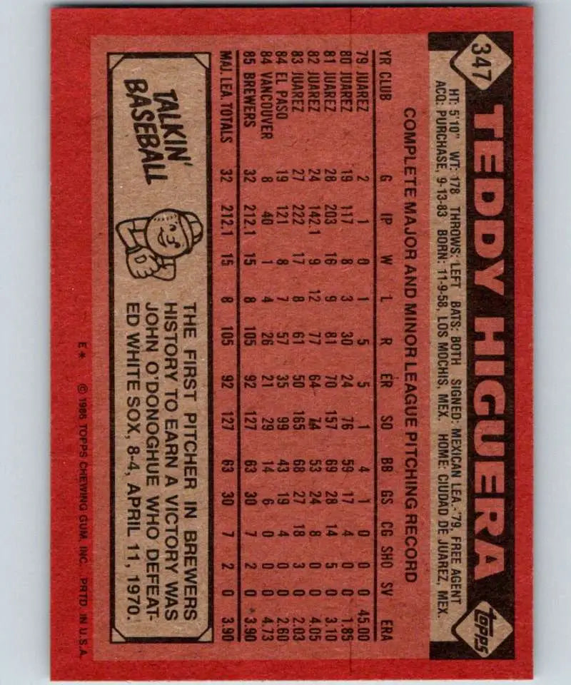 1986 Topps #347 Teddy Higuera EX Excellent RC Rookie Milwaukee Brewers Baseball Card - Baseball Card Single