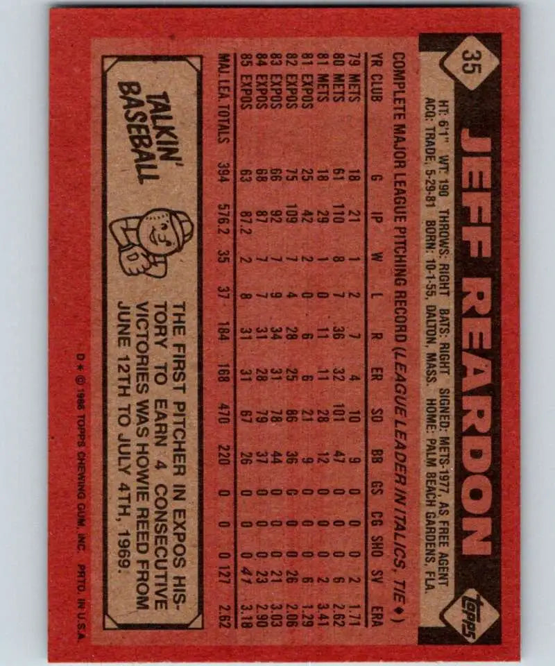 1986 Topps #35 Jeff Reardon EX Excellent Montreal Expos Baseball Card - Baseball Card Single
