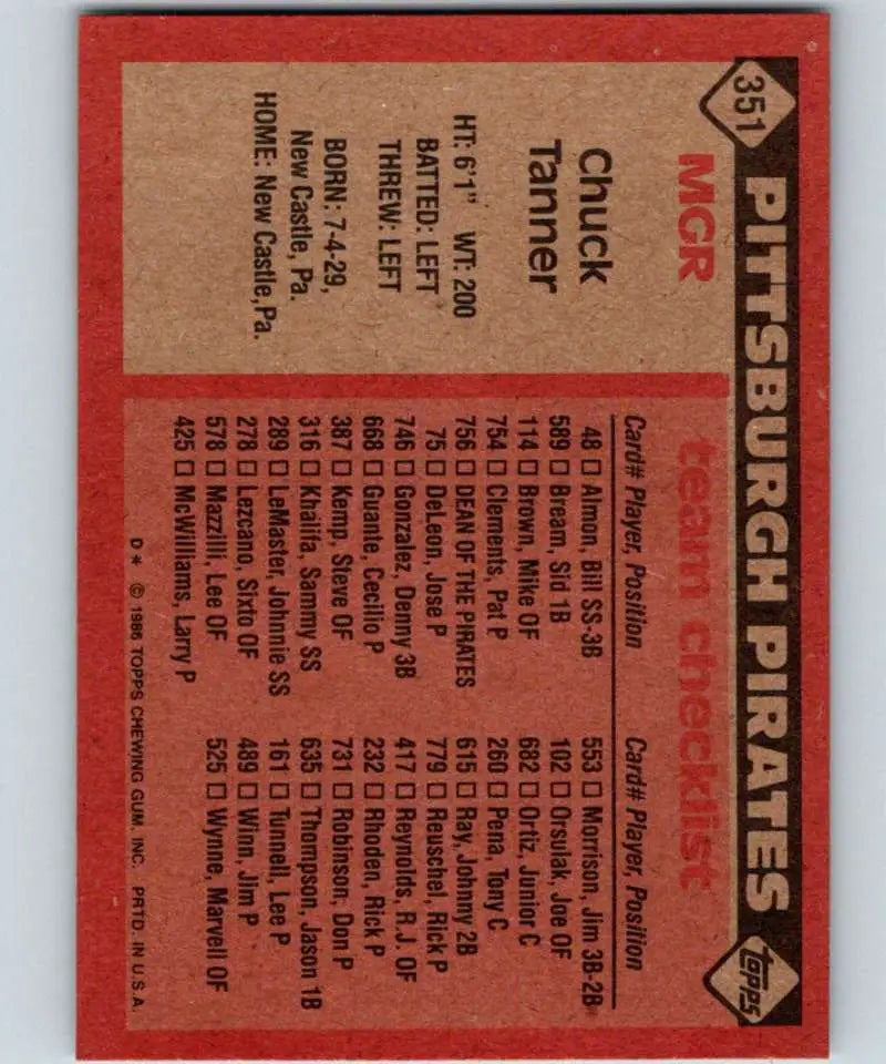 1986 Topps #351 Chuck Tanner EX Excellent Pittsburgh Pirates Baseball Card - Baseball Card Single