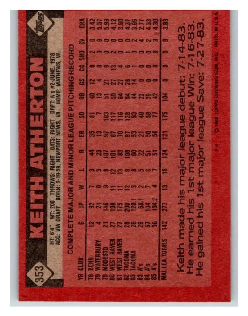 1986 Topps #353 Keith Atherton EX Excellent Oakland Athletics Baseball Card - Baseball Card Single