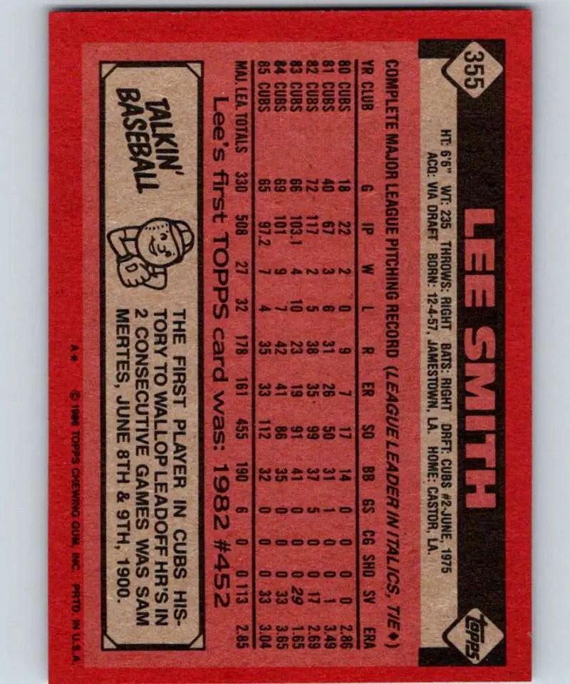 1986 Topps #355 Lee Smith EX Excellent Chicago Cubs Baseball Card - Baseball Card Single