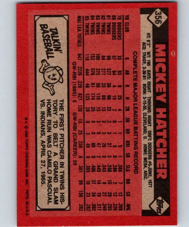 1986 Topps #356 Mickey Hatcher EX Excellent Minnesota Twins Baseball Card - Baseball Card Single