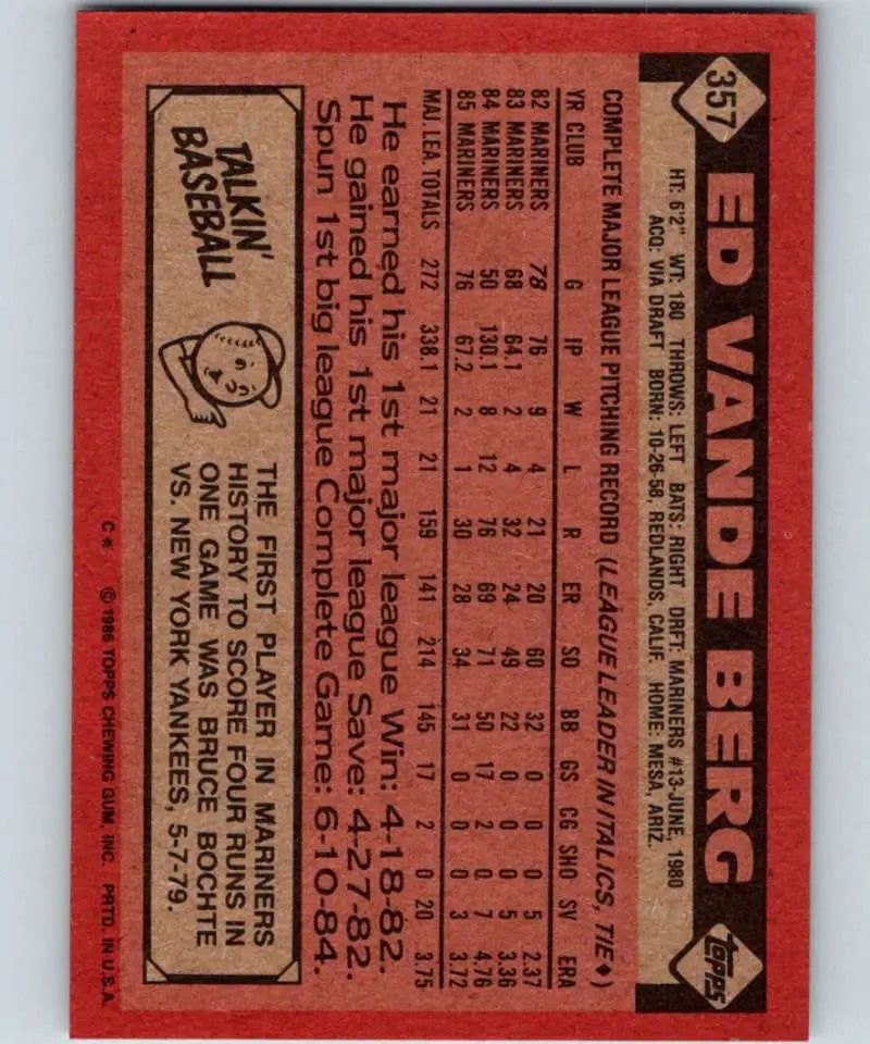 1986 Topps #357 Ed Vande Berg EX Excellent Seattle Mariners Baseball Card - Baseball Card Single