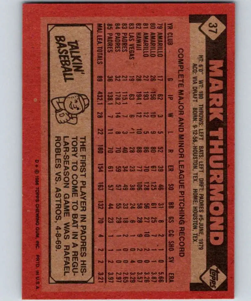 1986 Topps #37 Mark Thurmond EX Excellent San Diego Padres Baseball Card - Baseball Card Single