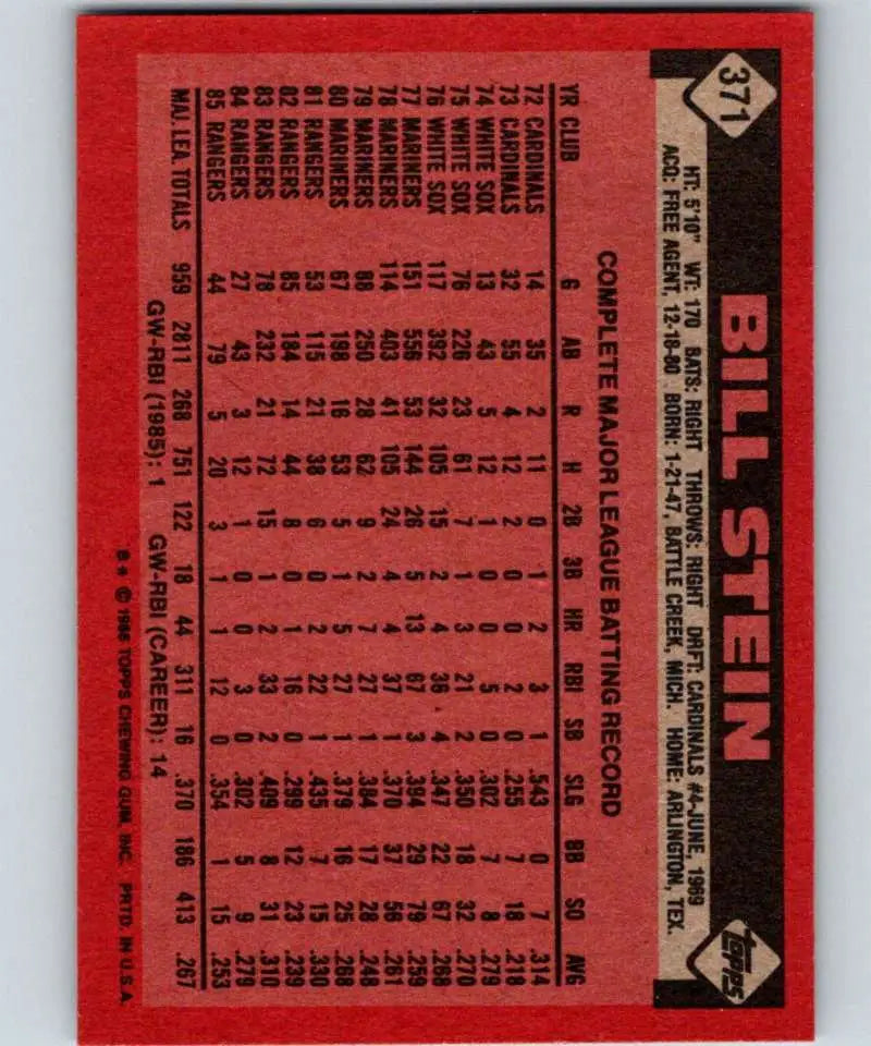 1986 Topps #371 Bill Stein EX Excellent Texas Rangers Baseball Card - Baseball Card Single