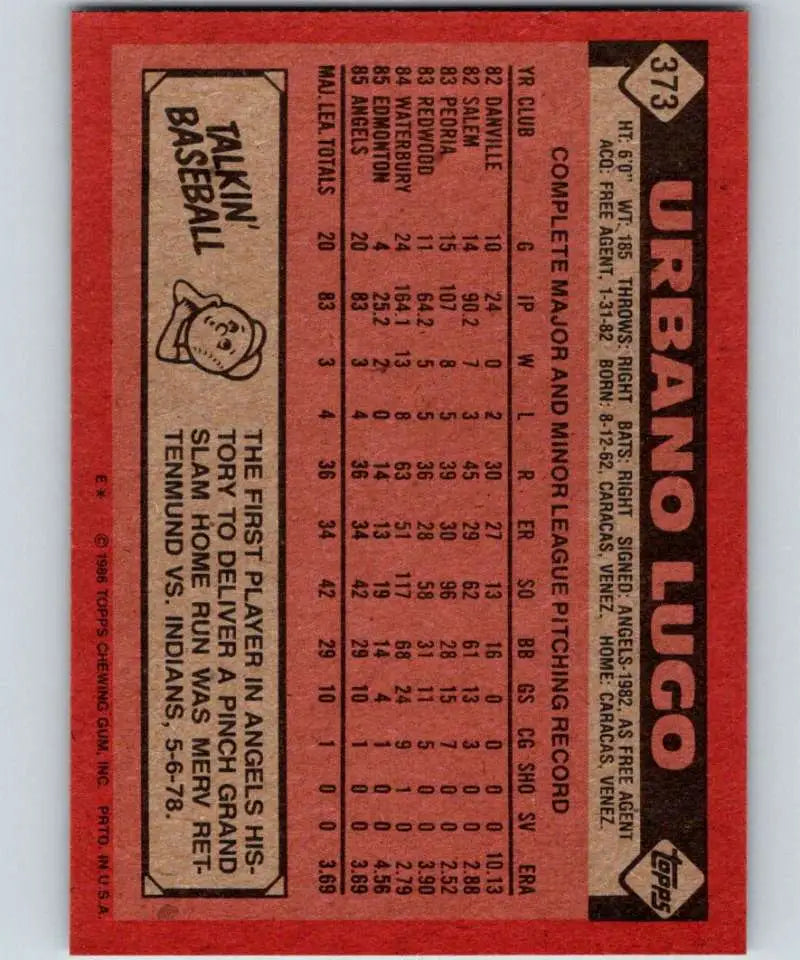 1986 Topps #373 Urbano Lugo EX Excellent RC Rookie California Angels Baseball Card - Baseball Card Single