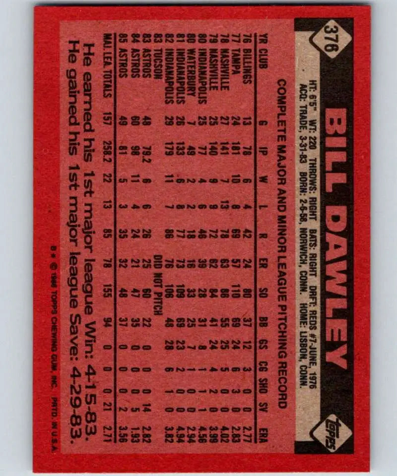1986 Topps #376 Bill Dawley EX Excellent Houston Astros Baseball Card - Baseball Card Single