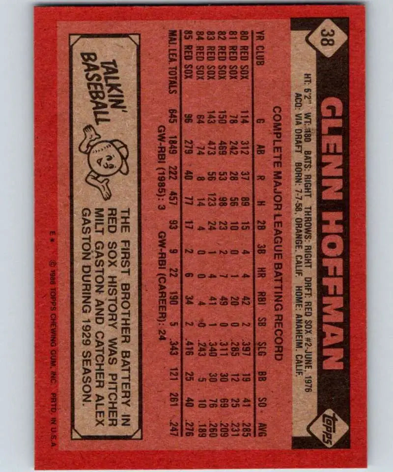 1986 Topps #38 Glenn Hoffman EX Excellent Boston Red Sox Baseball Card - Baseball Card Single